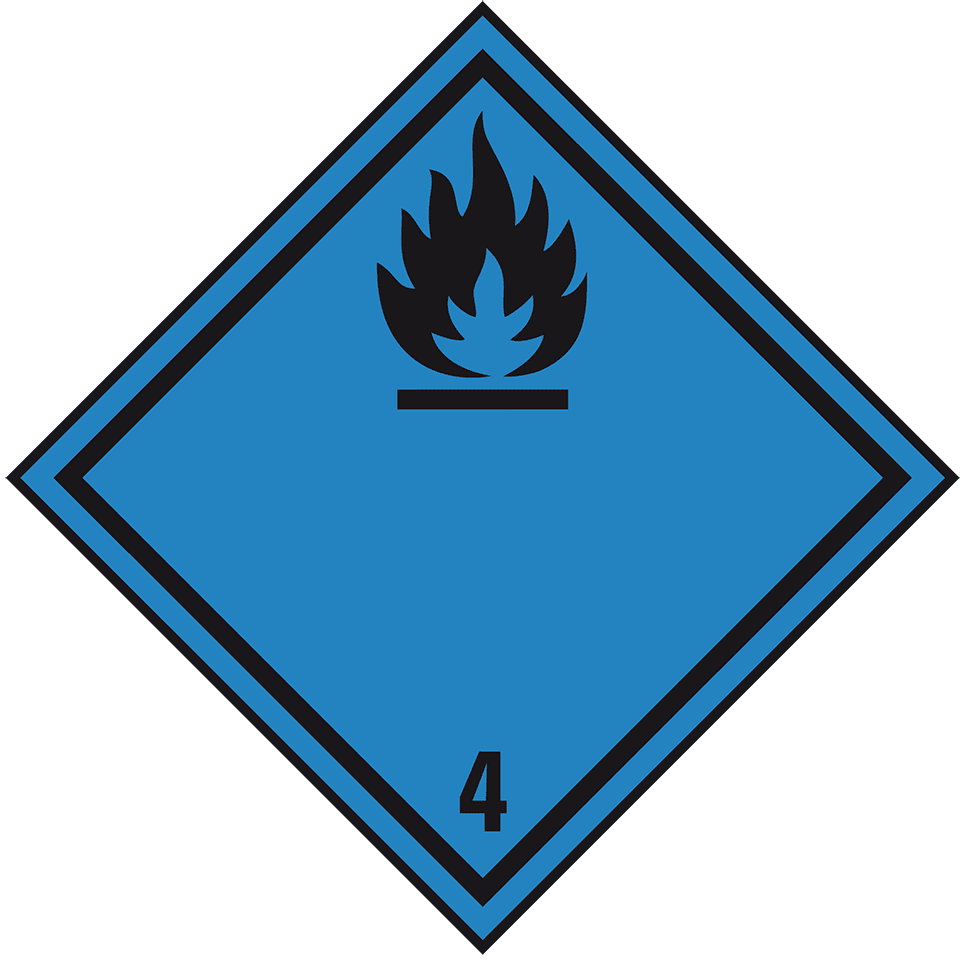 ADR klasse 4.3, ontvlambaar met water, vuur symbool, blauw